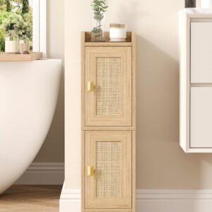 Rattan Small Bathroom Cabinet with 2 Doors, Narrow Toilet Paper Storage Cabinet, Bathroom Organizer for Small Spaces, Wooden Slim Corner Floor Unit with Adjustable Shelves,...