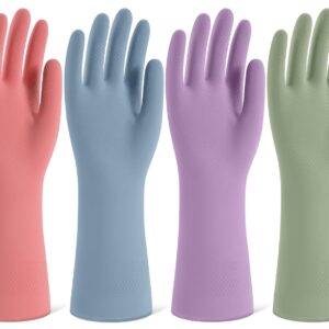 Rubber Cleaning Gloves for Dishwashing, 4 Pairs Reusable Kitchen Gloves for Washing Dishes and Household Cleaning, Colorful Dish Gloves with Flocked Lining and Non-Slip Grip,...