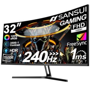 SANSUI 32 Inch Curved 240Hz Gaming Monitor High Refresh Rate, FHD 1080P Gaming PC Monitor HDMI DP1.4, Curved 1500R, 1Ms MPRT, HDR,Metal Stand,VESA Compatible(DP Cable Incl.)