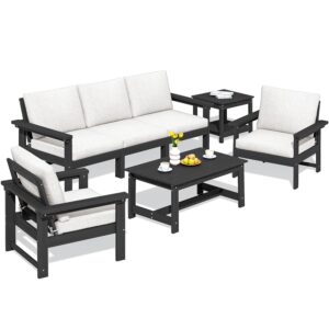 SERWALL HDPE Patio Furniture Set, 7-Piece Outdoor Sectional Sofa Set, All Weather Outdoor Couch Set for Deck, Lawn, Black Frame with Khaki Cushion