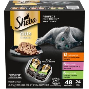 Sheba Perfect Portions Wet Cat Food Cuts in Gravy Variety Pack, Roasted Chicken Entree, with Sustainable Salmon, and Tender Turkey Entree, 2.6 oz. Twin-Pack Trays (24 Count, 48...