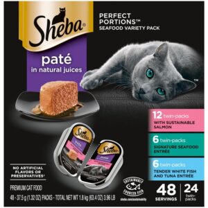 Sheba Perfect Portions Wet Cat Food Pate with Sustainable Salmon, Signature Seafood Entree, and Tender Whitefish and Tuna Entree Variety Pack, 2.6 oz. Twin Pack Trays (24 Count,...