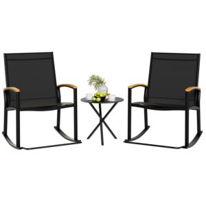 Shintenchi 3 Piece Outdoor Rocking Bistro Set, Textilene Fabric Small Patio Furniture Set, Front Porch Rocker Chairs Conversation Set with Table for Lawn, Garden, Balcony,...