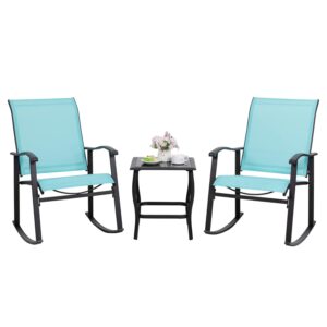 Shintenchi 3 Piece Rocking Bistro Set, Outdoor Furniture with Rocker Chairs and Glass Coffee Table Set of 3, Balcony, Porch Furniture for Small Space, Blue