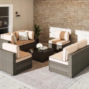 Shintenchi 7 Pieces Outdoor Patio Sectional Sofa Couch, Wicker Furniture Patio Conversation Sets with Washable Cushions & Coffee Table for Garden, Poolside, Backyard