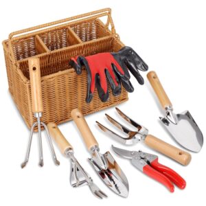 SOLIGT Garden Tools Set with Basket, Heavy Duty Stainless Steel Gardening Hand Tool with Wood Handle, Pruning Shears, Gloves - Perfect Gardening Gifts Planting Supplies for...