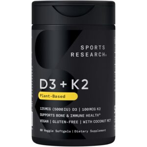 Sports Researchยฎ Vitamin D3 + K2 w/ Coconut Oil - Vegan Vitamin D 5000iu & Mk7 Vitamin K 100mcg for Bone & Immune Support - Vegan Certified ยท Non-GMO ยท Soy Free - 60 Softgels
