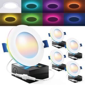 Sunco 4 Pack 4 Inch Smart Ultra Thin LED Recessed Ceiling Lights with Night Light, Tunable CCT 2700K to 5000K, Dimmable, 11W, Smooth Trim, Canless with Junction Box.
