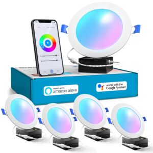 Sunco 4 Pack 6 Inch Smart Ultra Thin LED Recessed Ceiling Lights Slim, RGB+5000K Daylight, Dimmable, 15W, Canless Wafer with Junction Box - ETL.