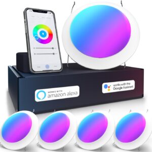 Sunco 5/6 Inch Smart Disk LED Flush Mount Ceiling Recessed Can Light for Living Room, Bedroom, App Controlled Compatible with Alexa and Google, Dimmable, 15W, RGB+5000K...