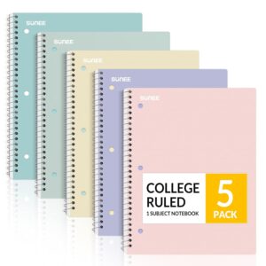 SUNEE Spiral Notebooks, 1-Subject, 5 Pack, College Ruled Paper, 8" x 10-1/2", 70 Sheets per Notebook,3-Hole Punched Paper, Pink,Purple, Blue, Green, Yellow Spiral Lined...