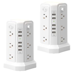 Surge Protector Power Strip Tower with 5 USB Ports and Night Light, 10FT Extension Cord with 12 AC Multiple Outlets, PASSUS Power Tower, Overload Protection for Home Office Dorm...