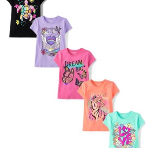 The Children's Place Girls' Trends,Icons Short Sleeve Graphic T-Shirts,5 Pack