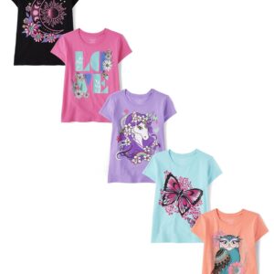 The Children's Place Girls' Trends,Icons Short Sleeve Graphic T-Shirts,5 Pack