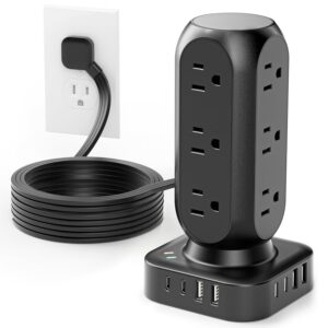 Tower Surge Protector Power Strip,12 AC Outlets & 8 USB Ports, Flat Plug 5FT Extension Cord with Multiple Outlets, 24W Outlet Extender Overload Protection for Home Office Room