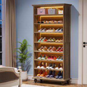 Tribesigns Narrow Tall Shoe Cabinet with LED Lighting, 9-Tier 30 Pairs Freestanding Shoes Storage Cabinet, Wood Shoe Organizer Shelf with Solid Wooden Legs for Entryway (1,...