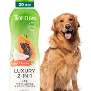 TropiClean 2-in-1 Dog Shampoo and Conditioner, Moisturizing Dog Detangler, Puppy Safe, Made in the USA, Papaya Scent, Cat & Kitten Safe, 20oz.