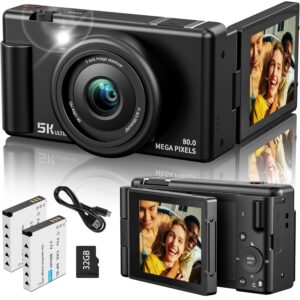 True 5K Digital Camera for Photography, Autofocus 80MP with 18X Digital Zoom 3" 270ยฐFlip Screen Dual-Lens Selfie Camera for YouTube Vlogging & Content Creation, 2 Batteries,...