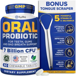 Tuthi Oral Probiotics & Tongue Scraper โ Bad Breath Treatment for Adults โ Dental Probiotics for Teeth and Gums โ Supports Fresh Breath โ 60 Chewable Tablets