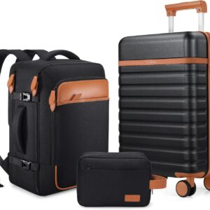 UKEIN Luggage Sets 3 Piece, Carry On Luggage 20In With Spinner Wheels,PC Hardside Suitcase Set with TSA Lock,Durable Carry On Suitcase With Travel Backpack for Men (Black, 3...