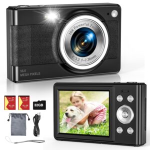 Upgrade Digital Camera, 56MP FHD 1080P for Kids with 16x Zoom Anti Shake, 32GB TF Card, Two Batteries, Lanyard, Compact Small for Boys Girls ๏ผBlack๏ผ