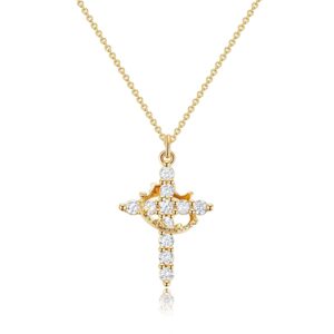 Upgraded Crown Cross Necklace for Women,14K Gold Plated & Silver Plated Crown Cross Pendant Necklace Diamond Cross Necklaces Faith Cross Jewelry First Communion Gifts, 12-Color...