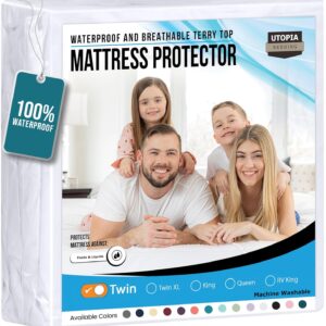 Utopia Bedding Waterproof Mattress Protector Twin Size, Premium Terry Mattress Cover 200 GSM, Breathable, Fitted Style with Stretchable Pockets (White)