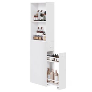 VASAGLE Slim Storage Cabinet, Narrow Freestanding Cabinet with Drawers and Adjustable Shelf, Modern Linen Tower for Living Room Bathroom Bedroom, White UBBK567T14
