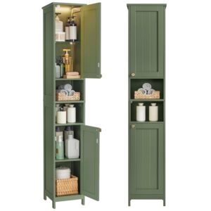 VASAGLE Tall Storage Cabinet with Lights, Slim Freestanding Cabinet with Adjustable Shelves, for Small Spaces, Bathroom, Living Room, Modern, 11.8 Inches Wide, Forest Green...