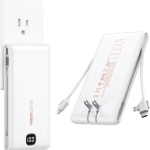 VEEKTOMX Portable Charger with Built in Cables 10000mAh, Power Bank for iPhone with Wall Plug, Travel Essential Fast Charging USB C Slim External Battery Pack for iPhone...