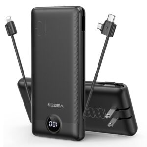 VEGER Portable Charger for iPhone Built in Cables and Wall Plug, 10000mah Slim Fast Charging USB C Power Bank, Travel Essential Battery Pack Compatible with iPhones, iPad,...