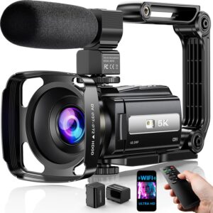 Video Camera, 5K Camcorder UHD 48MP WiFi Vlogging Camera for YouTube IR Night Vision Anti-Shake 16X Digital Zoom 3โ Touch Screen Camera with Microphone,Handheld Stabilizer,Lens...