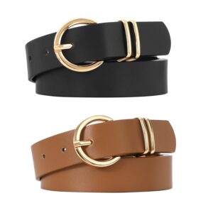 VONMELLI 2 Pack Women's Leather Belts for Jeans Dresses Fashion Gold Buckle Ladies Belt