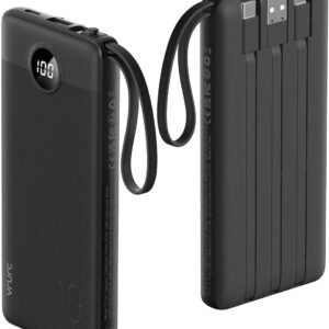 VRURC Portable Charger with Built in Cables, Slim Power Bank 10000mAh, USB C Battery Pack Travel Essential, 5 Outputs 2 Inputs Phone Charging Bank for iPhone 16 15 14...