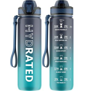 Water Bottle with Straw, 32oz Motivational Water Bottles with Time Marker to Drink, Tritan BPA Free, 1L Sports Water Bottle with Carry Strap LeakProof for Women Gym Fitness...