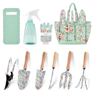WNJ Gardening Tool Set, 10 PCS Heavy Duty Floral Pattern Garden Tools Set Kit, Complete Gardening Tool Bag Set, with Non-Slip Rubber Handle, Best Gifts for Women