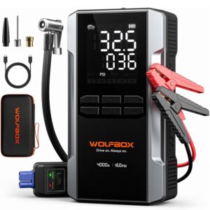 WOLFBOX 4000A Jump Starter with 160PSI Air Compressor, 12V Car Battery Booster, 65W Fast Charge, 24000mAh Portable Tire Inflator, LED Display for 10L Gas & 10L Diesel Engines,...