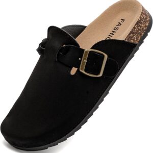 Women's Suede Clogs Mens Leather Mules Comfort Cork Footbed Sandals with Arch Support and Adjustable Buckle