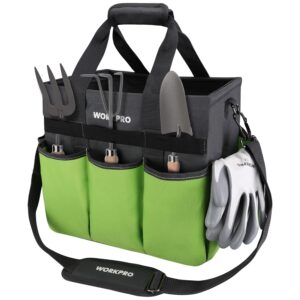 WORKPRO Garden Tool Bag Organizer, Heavy Duty Gardening Tote Bag with 10 Pockets and Long Adjustable Shoulder Strap, Standable Garden Home Tool Kits Organizer, Green (Tools are...