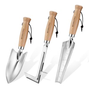 WORKPRO Garden Tool Set, 3 Pcs Gardening Hand Tools with Wood Handle, Weed Puller, Crack Weeder, Hand Trowel, for Planting, Digging, Weeding, Ideal Gardening for Women & Men