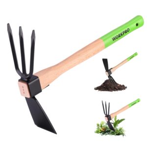 WORKPRO Hoe and Cultivator Garden Rake with 14" Wooden Handle, Sharp Hoe Blade & Sturdy 3 Claw Tiller, 2-in-1 Heavy Duty Gardening Hand Tools for Digging, Loosening Soil,...