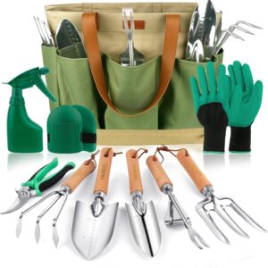 YAUNGEL Gardening Tools - 10 Pcs Garden Tool Set Heavy Duty Stainless Steel Garden Supplies Hand Tools with Wooden Handle, Storage Tote Bag, Gardening Gifts for Women and Men