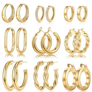Yesteel 9 Pairs Gold Hoop Earrings for Women, 925 Sterling Silver Post 14K Real Gold Plated Chunky Hoop Earrings Set for Women Hypoallergenic Thick Lightweight Earring for...