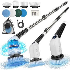 YKYI Electric Spin Scrubber,Cordless Cleaning Brush,Shower Cleaning Brush with 8 Replaceable Brush Heads,Power Scrubber 3 Adjustable Speeds,Adjustable & Detachable Long...