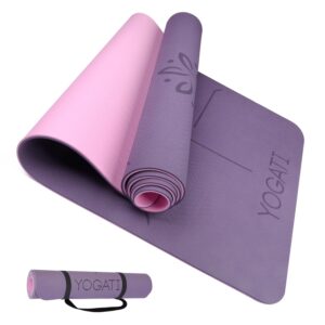 YOGATI® Yoga Mat with Strap with Alignment Lines. Home Workout Mat for Women, Men and Kids. Thick Non Slip Yoga Mat for Pilates and Fitness. Brown, Pink and Purple Yoga Mats