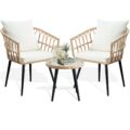 3 Piece Patio Bistro Set, Outdoor Wicker Apartment Balcony Furniture Sets, Rattan Table and Chairs Set of 2 for Porch Backyard Lawn Poolside Deck, Beige by PORWEY