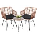 3 Piece Wicker Patio Bistro Furniture Set, Includes 2 Rattan Chairs and Glass Top Table, Ideal for Porch, Outdoor, Backyard, Apartment, Balcony, Natural by KROFEM
