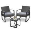 3 Pieces Outdoor Patio Furniture Set Rocking Bistro Set Outdoor Rattan Conversation with Coffee Table for Garden Balcony Backyard Poolside (Grey Cushion) by Qsun