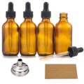 4 Pack, 2 oz Bottles with Dropper & 1 Funnel & 4 Labels – Essential Oils Bottles for Health, Personal Care & Beauty – 60ml Thick Dark Amber Glass Tincture Bottles, Refillable… by AOZITA