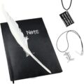 4 Piece Black Notebook with White Feather Pen, L Character Necklace, Anime Costume Accessories for Teens by